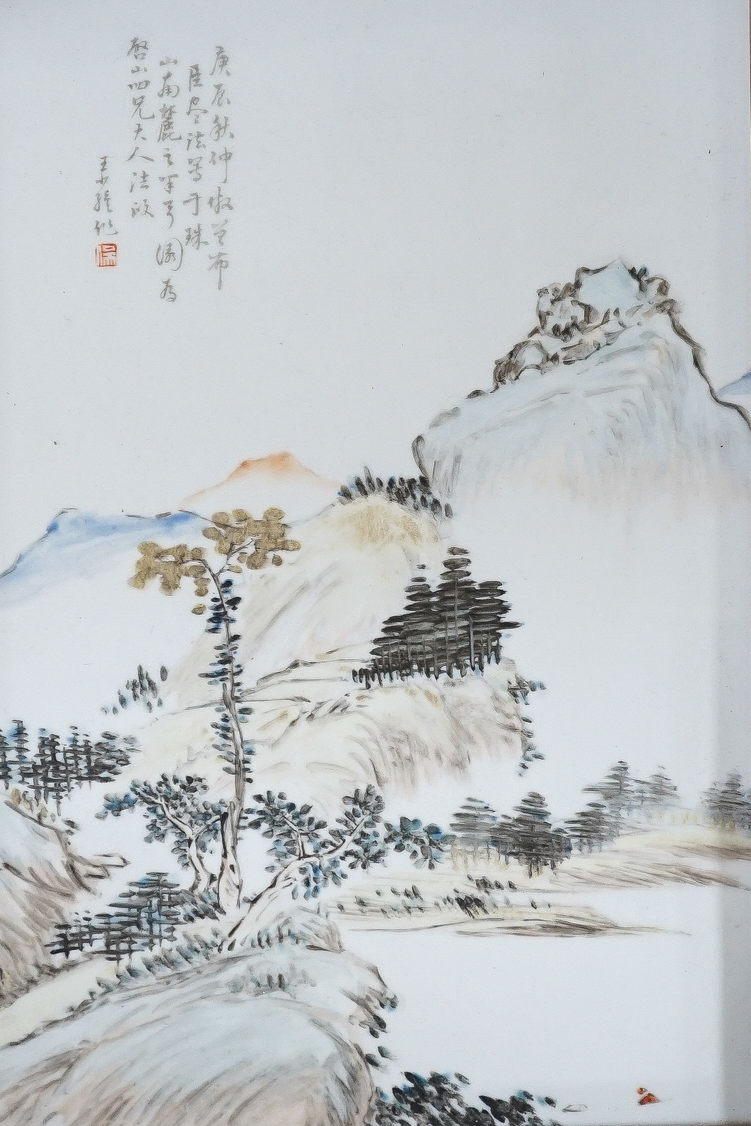 A Chinese porcelain plaque, landscape design with script, 37 x 25cm, in frame